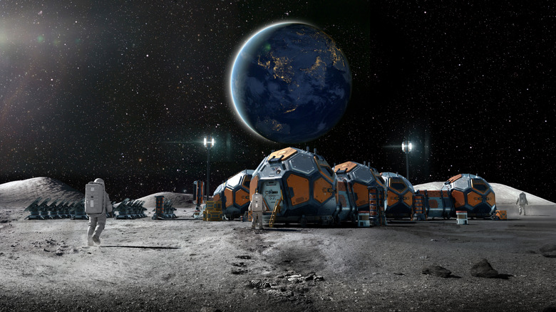 Conceptual lunar camp on the moon with Earth in the background.