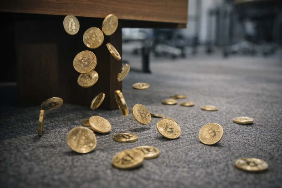 Physical Bitcoin coins tumble from a table onto the floor, symbolizing a cryptocurrency market decline.
