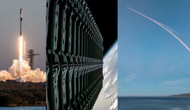a montage of three photos showing a rocket launch, satellites being deployed into Earth orbit and a timelapse exposure of another rocket launch