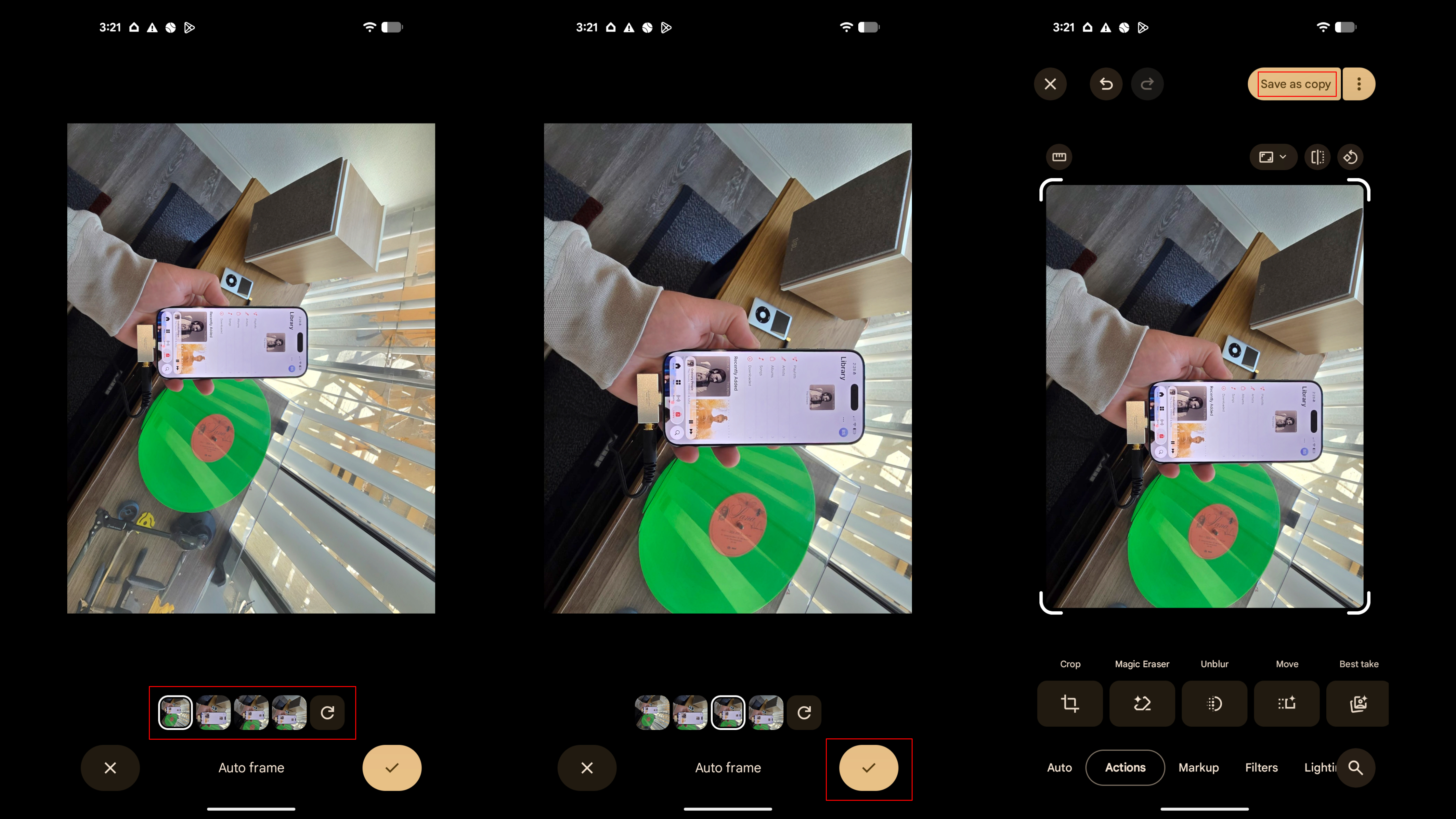 Using auto frame to crop an image in Google Photos.