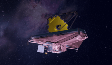 The James Webb Space Telescope in space, with its golden primary mirror and large sunshield, set against a starry background with a purple nebula.