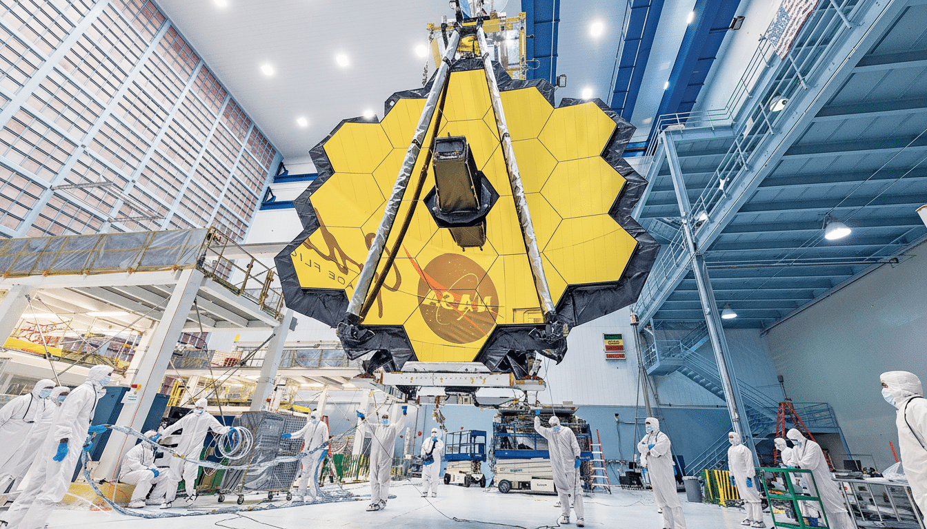 The James Webb Space Telescopes primary mirror, a large golden hexagonal array, is being prepared by technicians in cleanroom suits within a spacious facility.