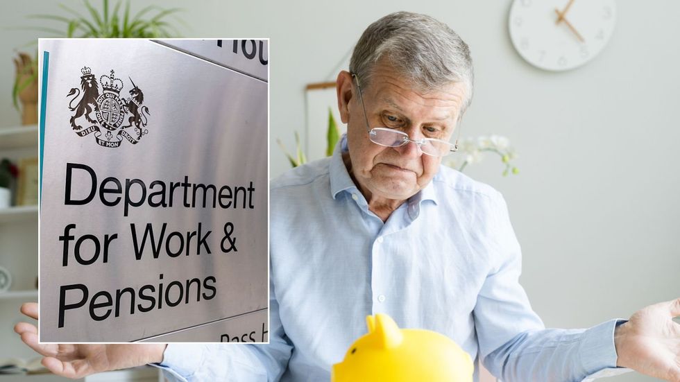 Man looking at piggy bank and DWP sign