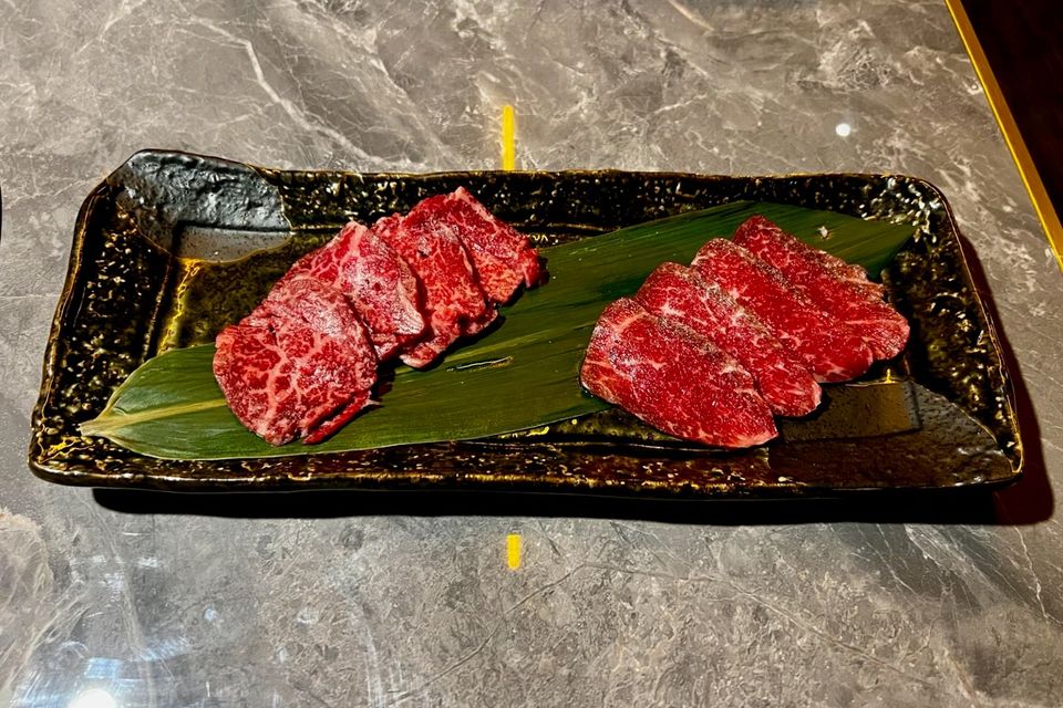 Irish wagyu chuck flap tail, left, and Japanese A5 wagyu premium tenderloin at Yakiniku Matsukawa in Dublin 1. Photo: Lucinda O'Sullivan