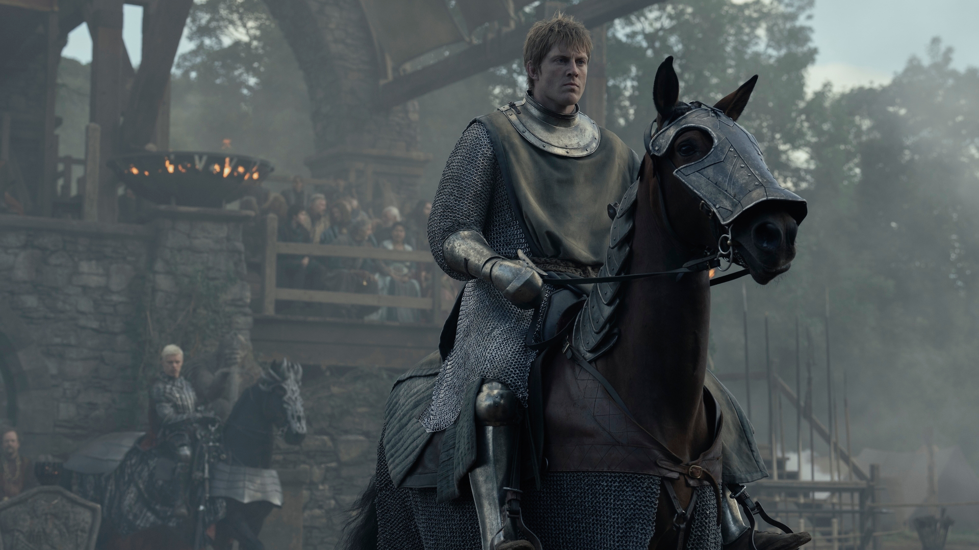 Dunk (Peter Claffey) wearing armor on horseback in a scene from "A Knight of the Seven Kingdoms" episode 4