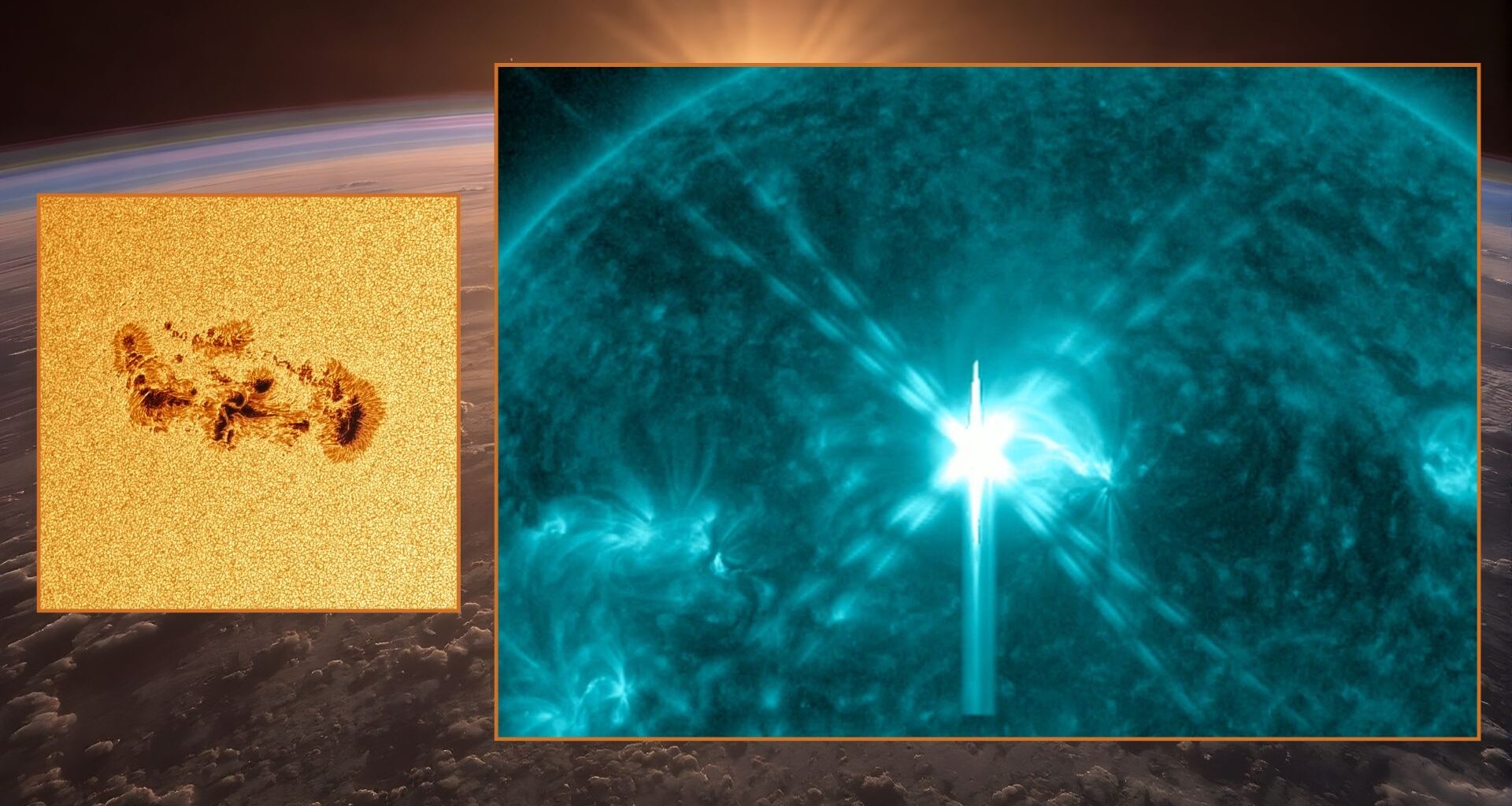 two panel image on the left is the giant sunspot close up and on the right the huge x flare that was released today