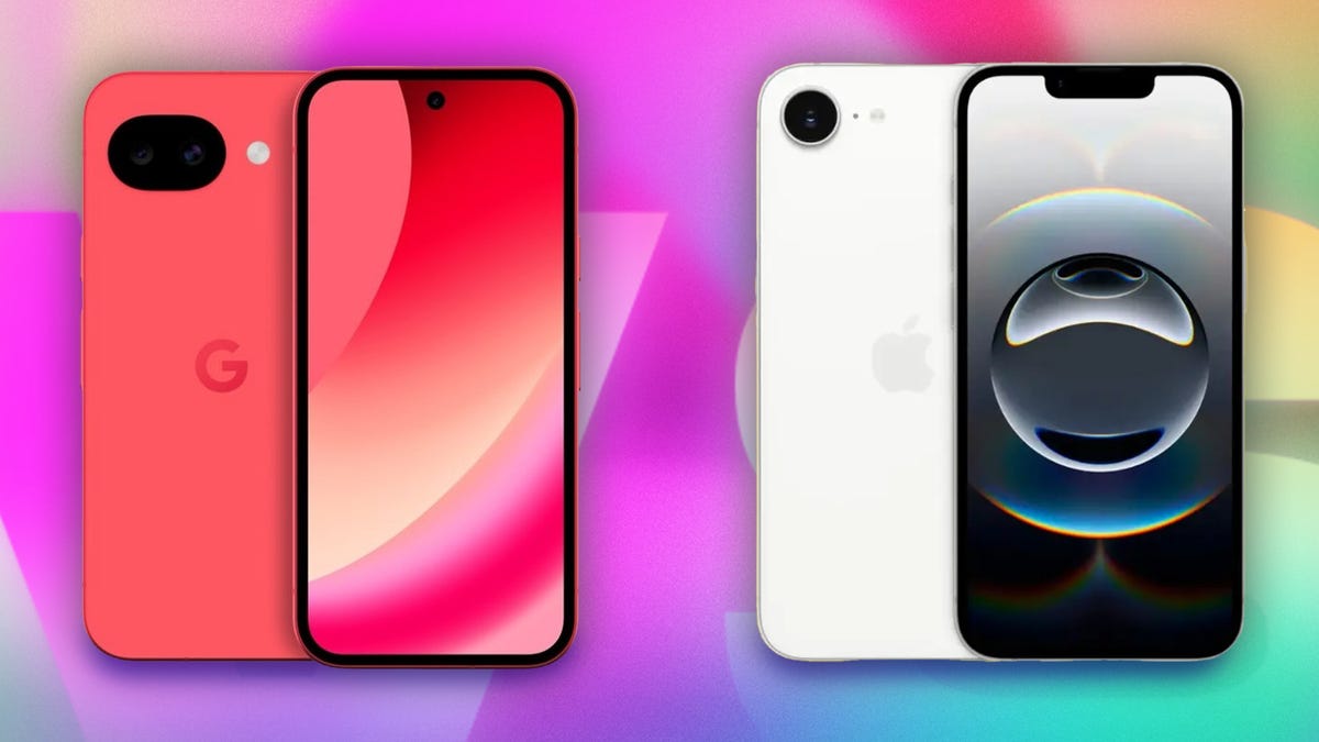 A Pixel 10A next to an iPhone 16E