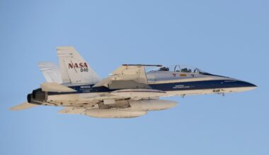 A NASA F/A-18 high-performance jet flies a mission.