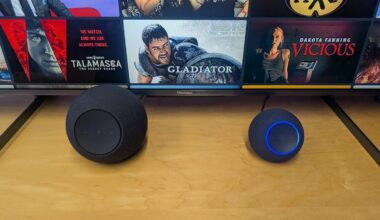 Amazon Echo Studio and Echo Max on a table