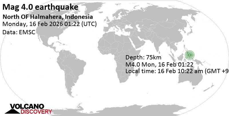 4.0 quake Philippine Sea, 144 km east of Pulau Karakelang Island, Indonesia, Feb 16, 2026 10:22 am (GMT +9)