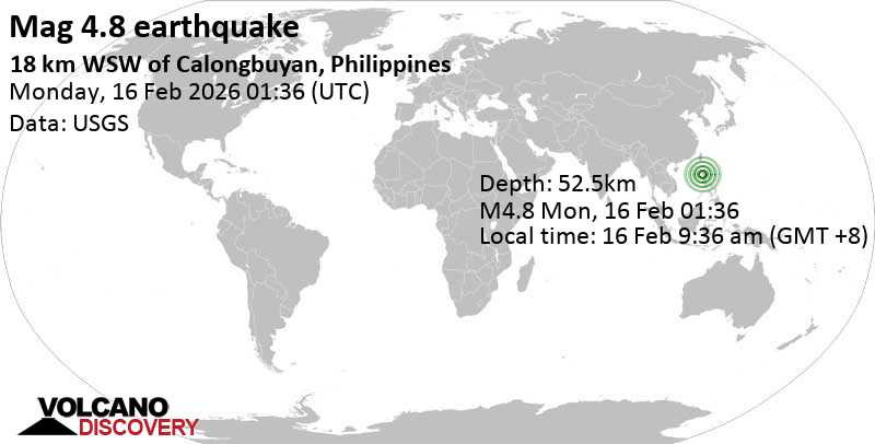4.8 quake South China Sea, 57 km north of San Fernando, Philippines, Feb 16, 2026 09:36 am (Manila time)