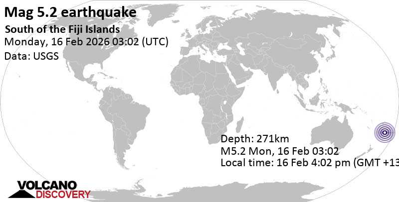 5.2 quake South Pacific Ocean, New Zealand, Feb 16, 2026 03:02 pm (GMT +12)