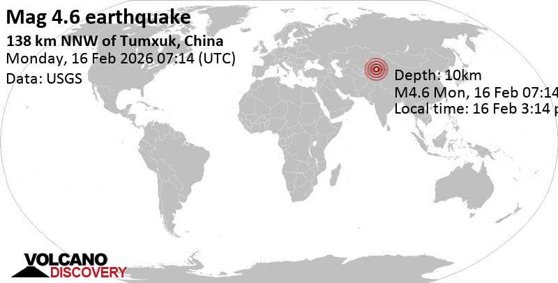 4.6 quake Xinjiang, China, Feb 16, 2026 01:14 pm (Urumqi time)