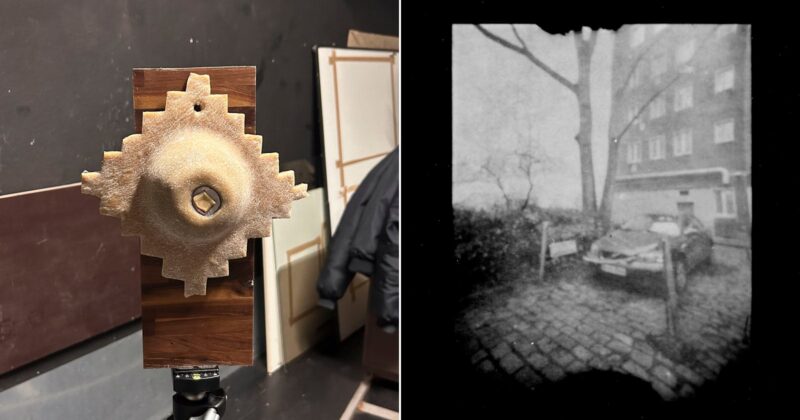 A handmade pinhole camera with a textured, geometric front stands on a tripod (left); a black-and-white photo taken with the camera shows a blurry street scene with a car, trees, and buildings (right).