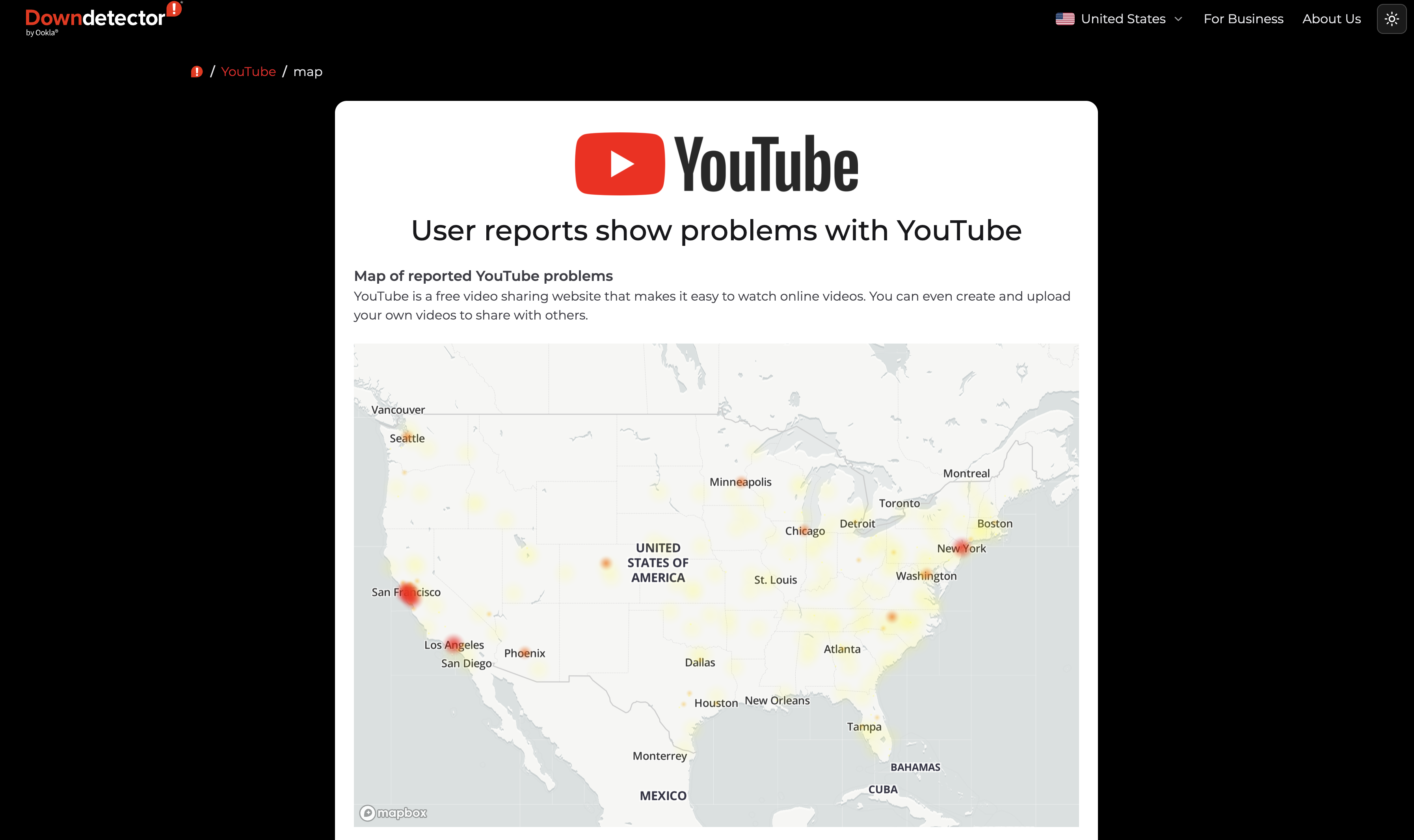 Down Detector screenshot showing the February 2026 YouTube outage hitting the U.S. West Coast hard