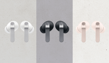 Samsung Galaxy earbuds on gray background