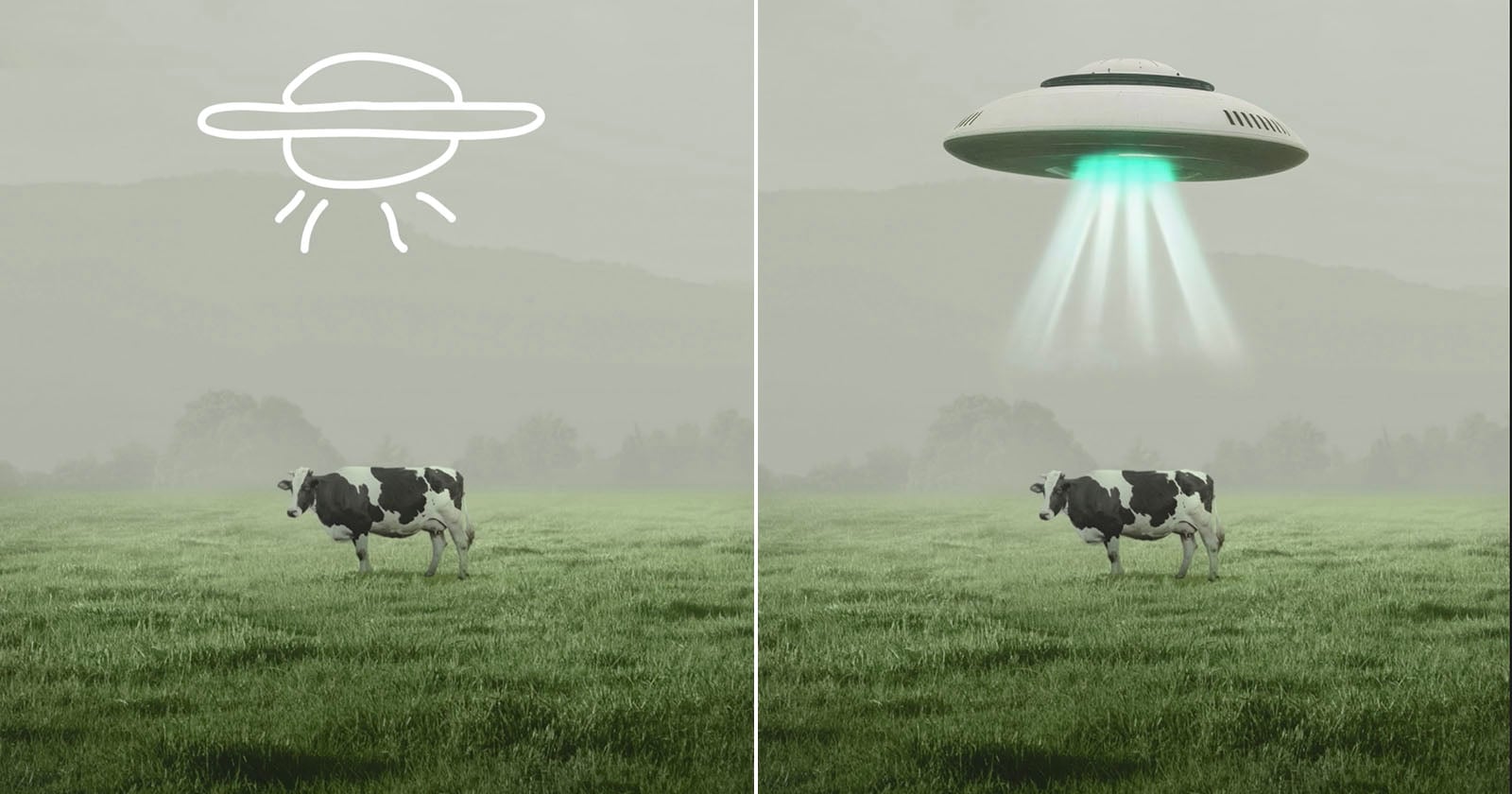 Side-by-side images: Left, a cow in a field under a cartoon UFO with hand-drawn sun rays. Right, the same cow beneath a realistic UFO beaming down light, as if about to be abducted.