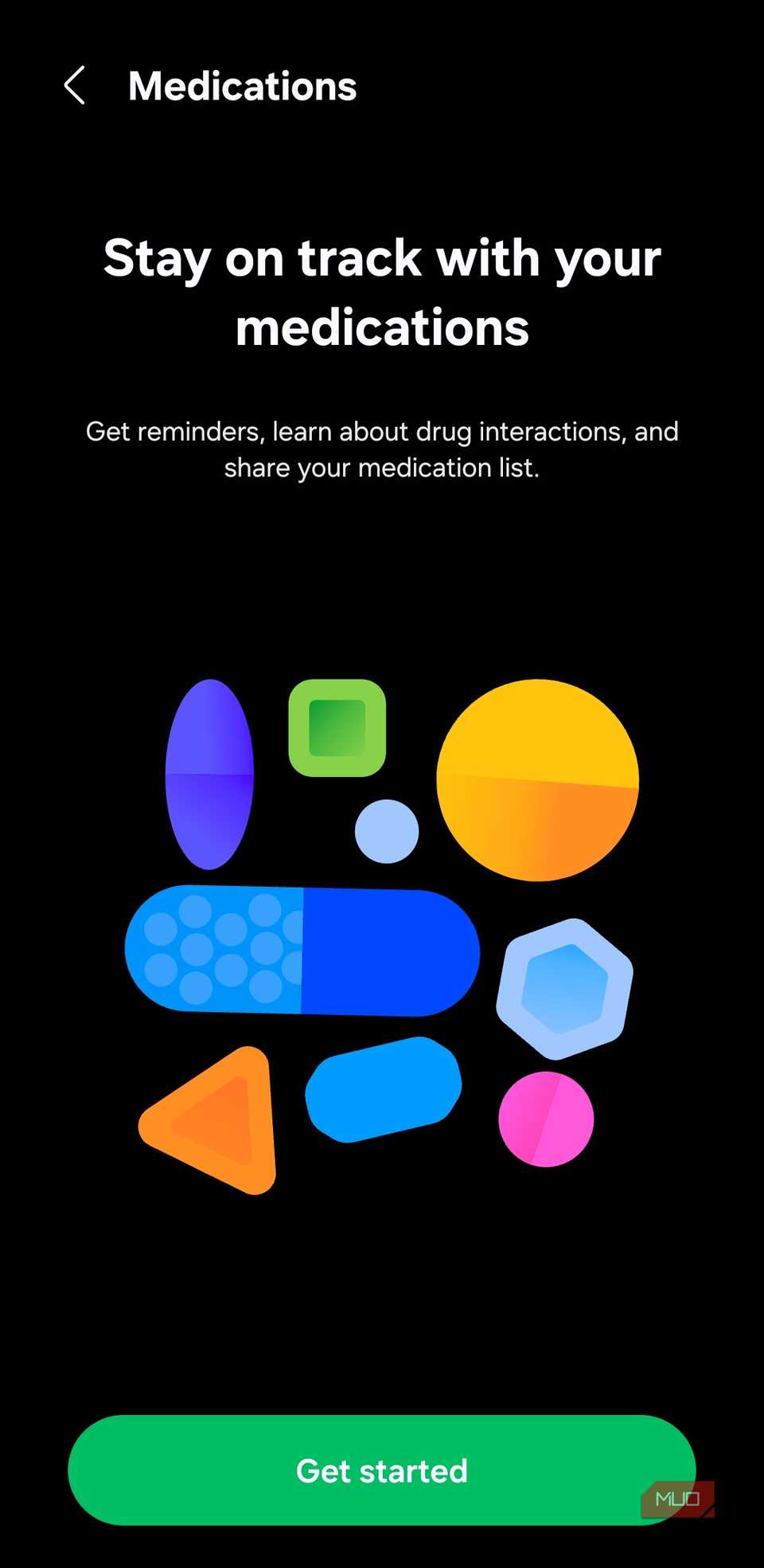 Samsung Health app medications menu on phone