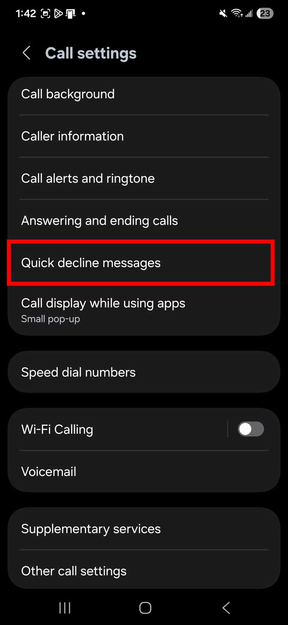 red rectangle outline highlighting Quick decline messages in Call settings