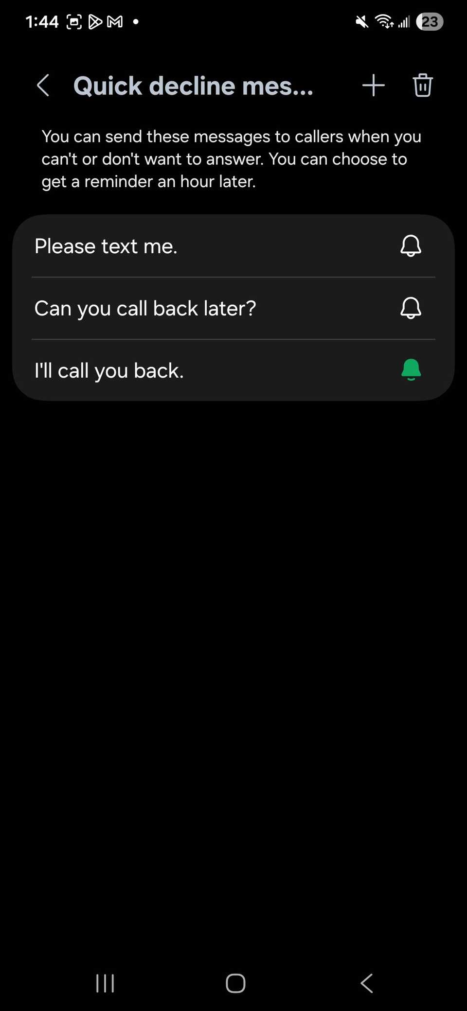 A list of Quick decline message options in Samsung phone app