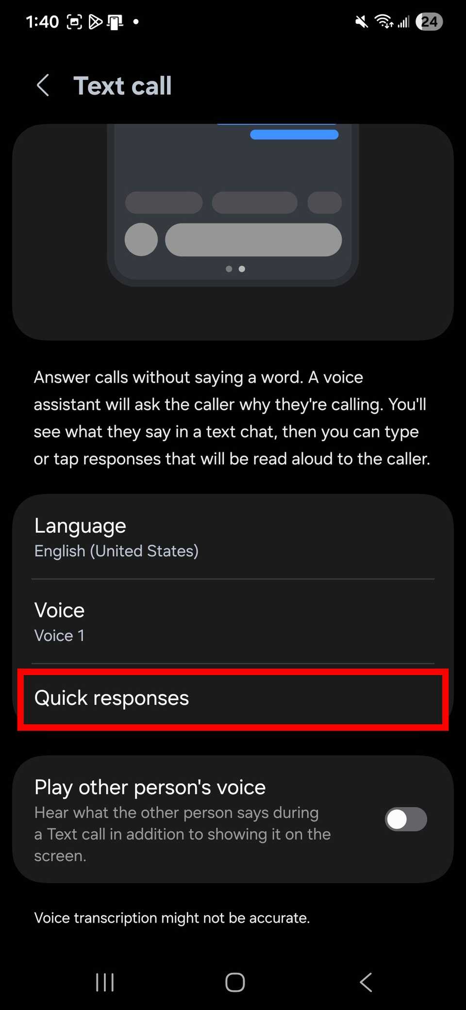 Red rectangle outline highlighting Quick responses in the Samsung phone app