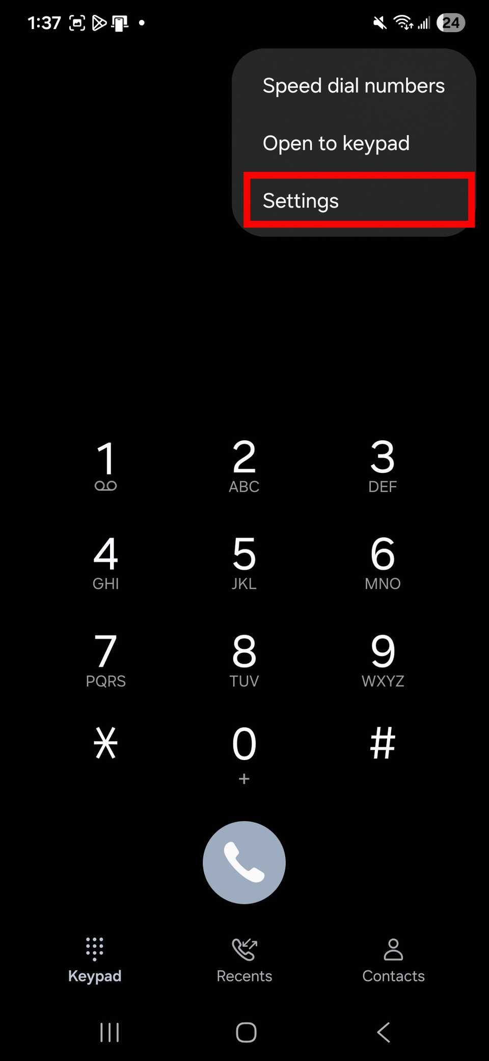 Red rectangle outline highlighting Settings in Samsung phone app