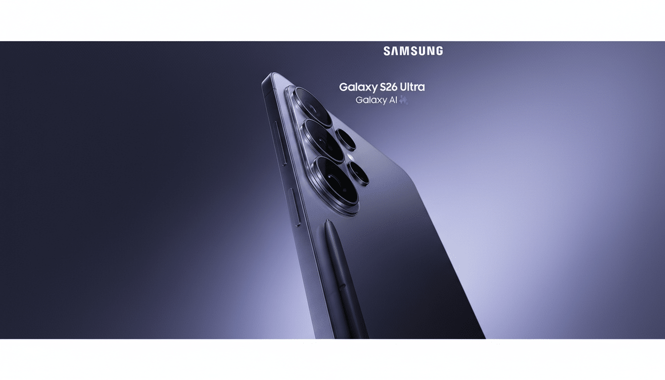 A Samsung Galaxy S26 Ultra phone in a purple hue, with its S Pen stylus, presented against a professional, subtly gradient background.