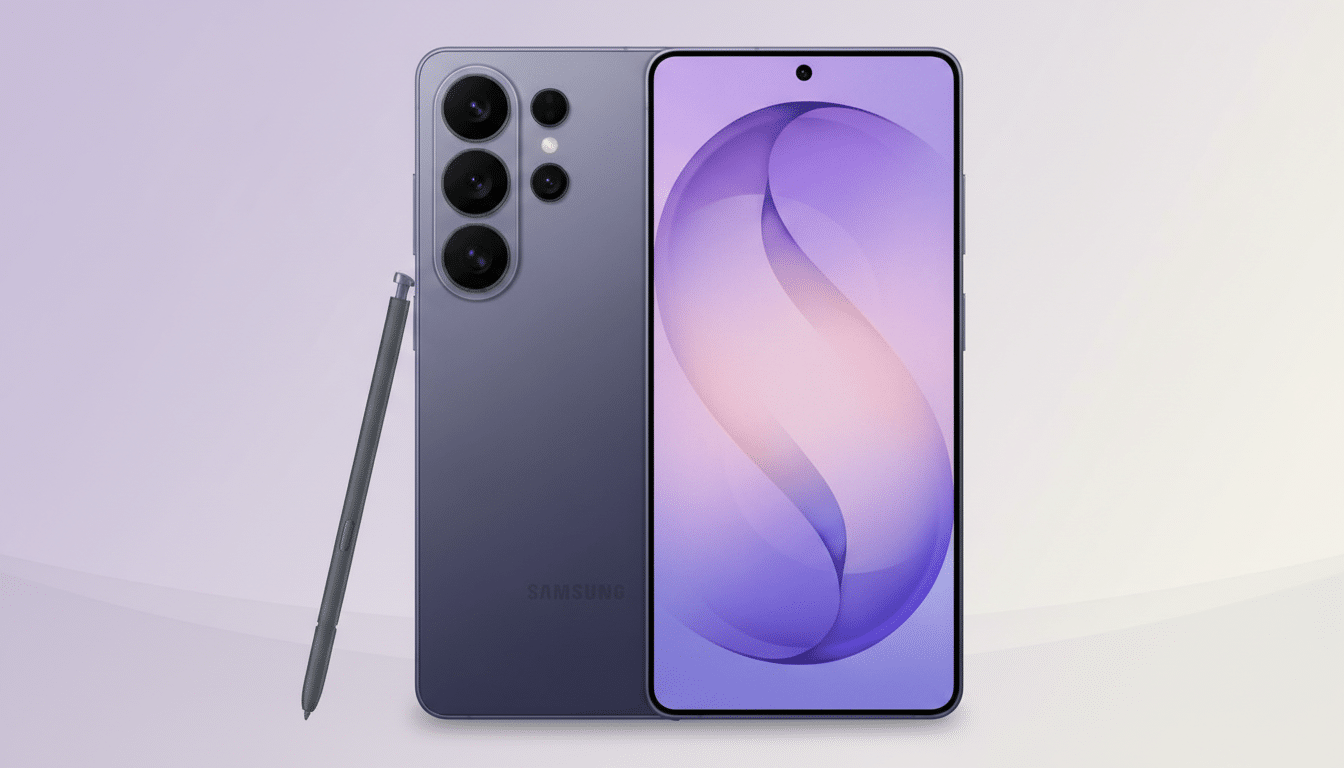 A purple Samsung smartphone with a stylus, presented on a soft gradient background.