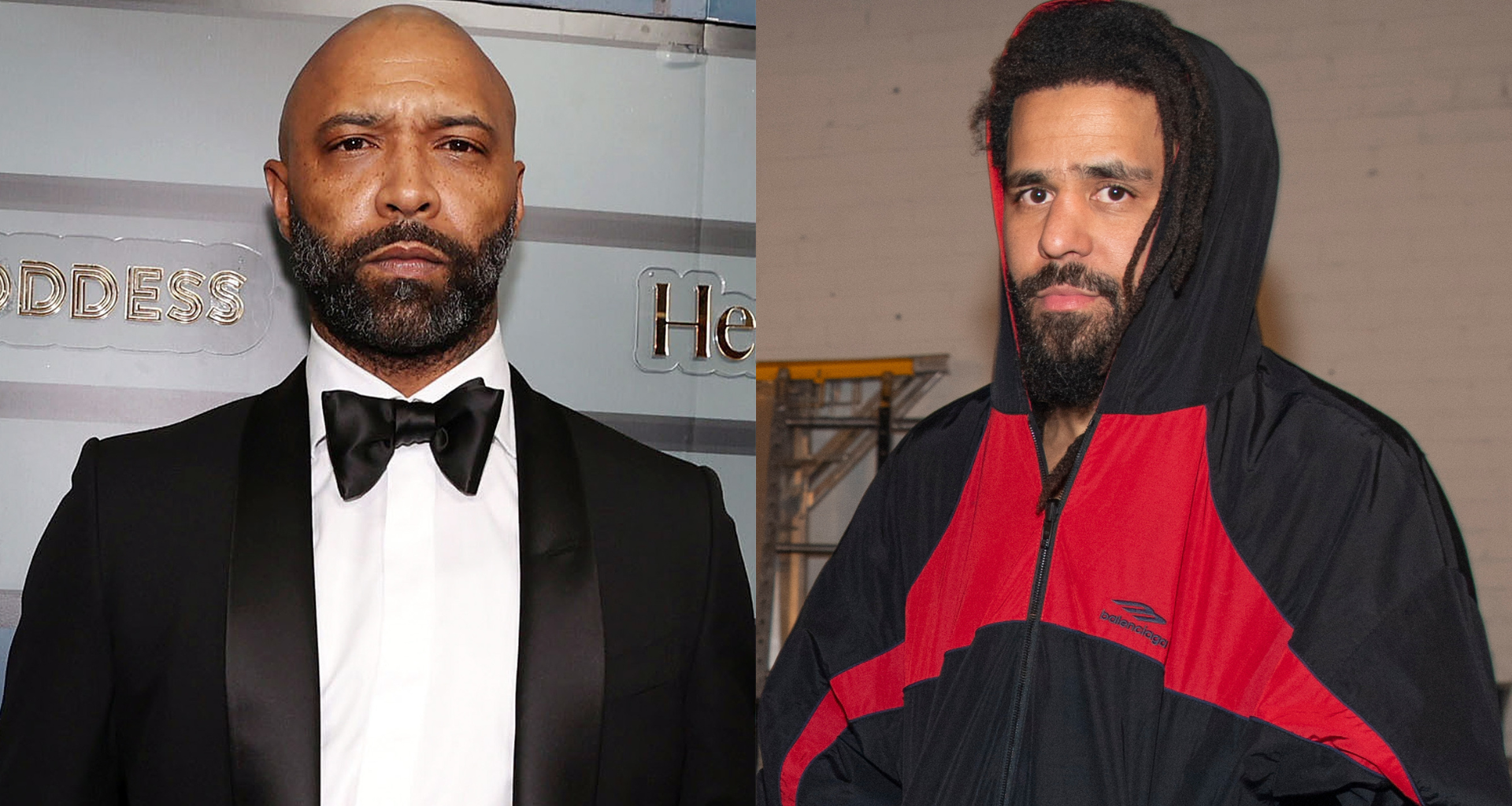 Joe Budden in a tuxedo on the left, J. Cole in a red and black hoodie on the right.