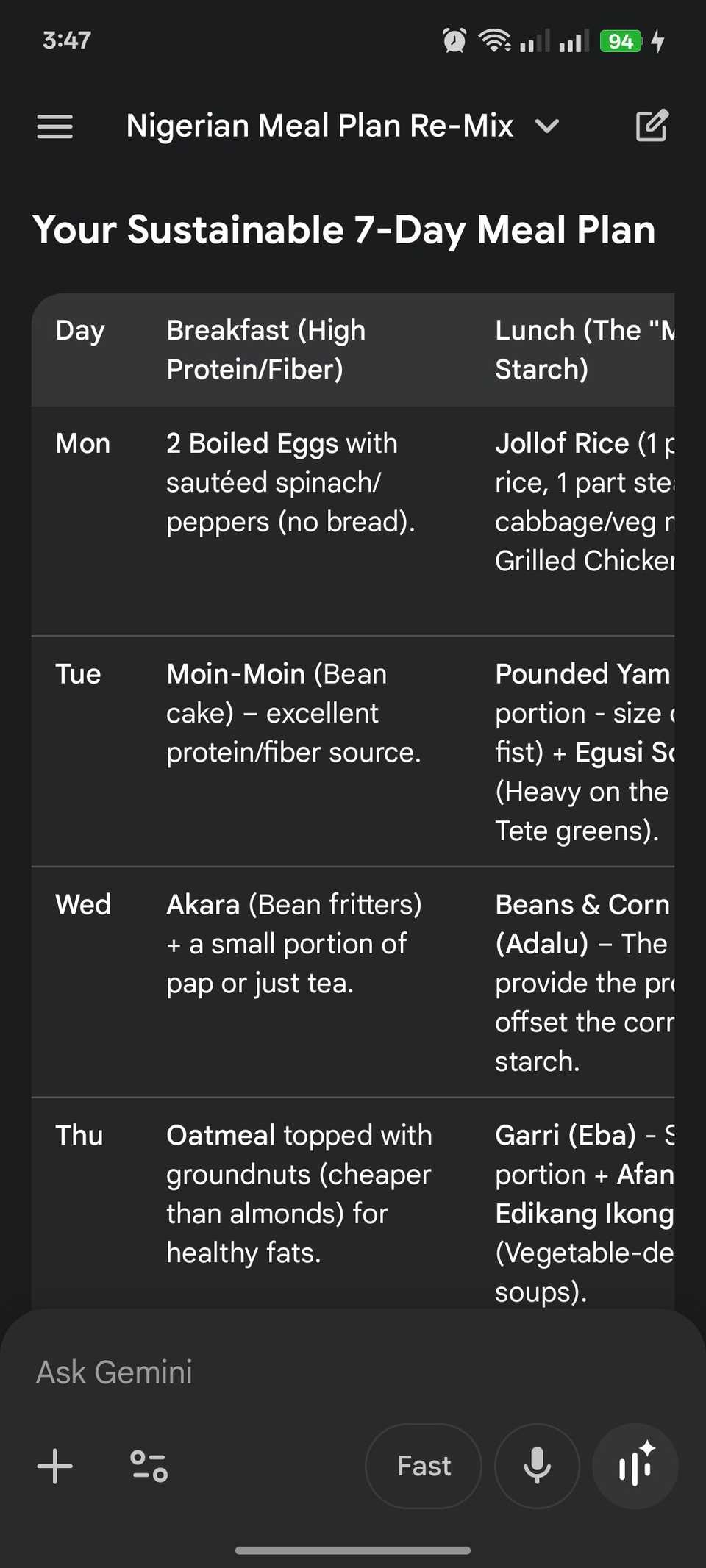 Gemini mobile app showing 7-day meal timetable in grid form
