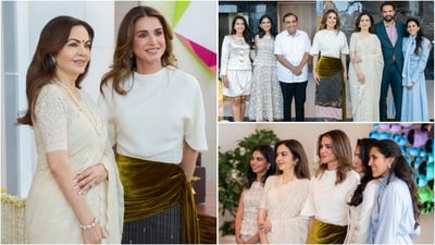 Ambani women dazzle in opulent outfits during Queen Rania's visit. (Instagram/@swadesh_online)