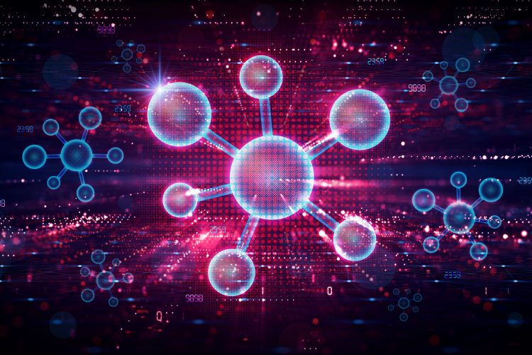Abstract molecular network representing quantum chemistry simulations used in computational drug discovery and targeted cancer therapy