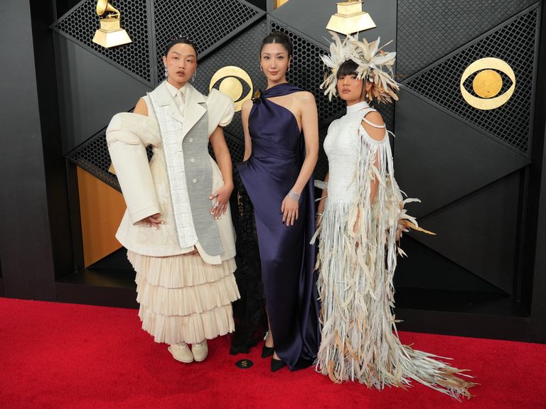 KPop Demon Hunters Golden singers Audrey Nuna, from left, EJAEand Rei Ami - who made history as the first K-Pop act to win a Grammy. Pic: Jordan Strauss/Invision/AP