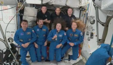 Andrei Fedyaev, Jack Hathaway, Jessica Meir and France's Sophie Adenot (left to right front row), with Sergey Kud-Sverchkov, Christopher Will and and Sergei Mikayev behind. Pic: NASA/AP