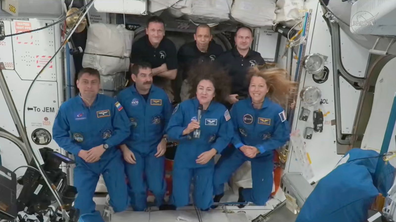 Andrei Fedyaev, Jack Hathaway, Jessica Meir and France's Sophie Adenot (left to right front row), with Sergey Kud-Sverchkov, Christopher Will and and Sergei Mikayev behind. Pic: NASA/AP