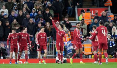 Liverpool's Curtis Jones celebrates scoring their side's first goal of the game during the Emirates FA Cup fourth round match at Anfield, Liverpool. Picture date: Saturday February 14, 2026. PA Photo. Photo credit should read: Peter Byrne/PA Wire...RESTRICTIONS: EDITORIAL USE ONLY No use with unauthorised audio, video, data, fixture lists, club/league logos or "live" services. Online in-match use limited to 120 images, no video emulation. No use in betting, games or single club/league/player publications.