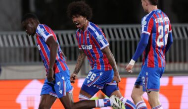 Crystal Palace players celebrate after Sarr scored their opener