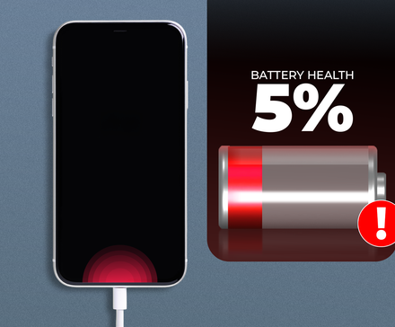 Smartphone connected to charger showing battery health warning at 5% with a red low-battery icon.