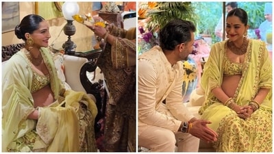 Sonam Kapoor looks gorgeous in a lehenga set for her baby shower.