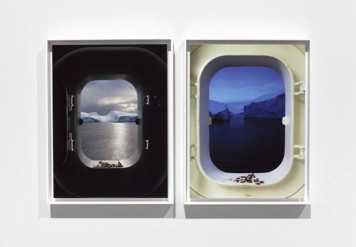 ‘Night Pole’ (detail), 2009. Light box, sandblasted porcelain plaque, video, screen, color photograph, and frame. (Photo: Steven Probert, courtesy of the artist and Paula Cooper Gallery)