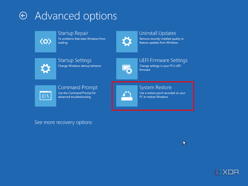 Screenshot of advanced options in Windows recovery with System restore highlighted