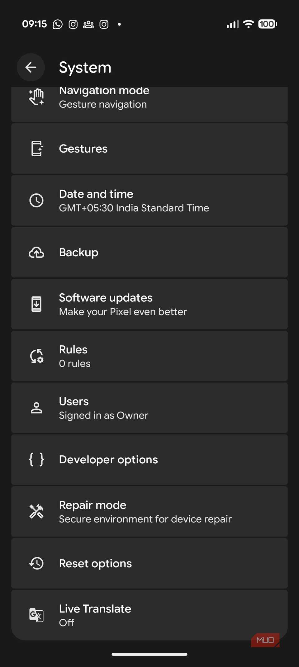 System settings visible on the Pixel 10 Pro