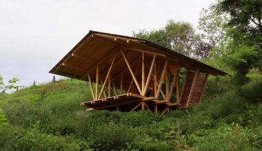 gabled timber observation pavilion promotes agroforestry in asturias, spain