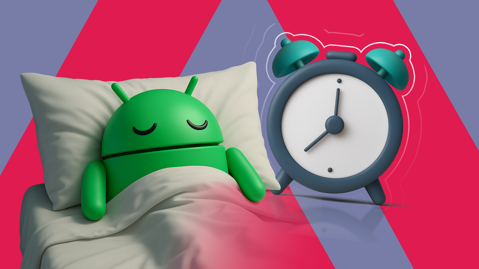 The Android mascot sleeping in a bed while a large ringing alarm clock beside it.