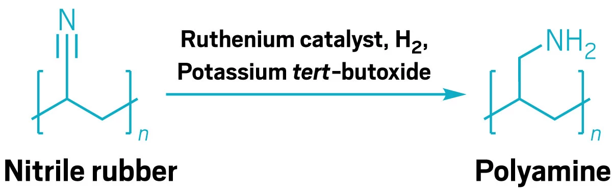 A reaction scheme showing nitrile rubber being converted to a polyamine by hydrogenating the nitrile groups using a ruthenium catalyst.
