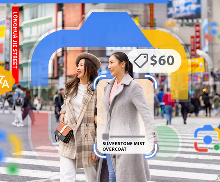 Two women walking down the street, with some Google Lens features highlighted and its logo in the background.