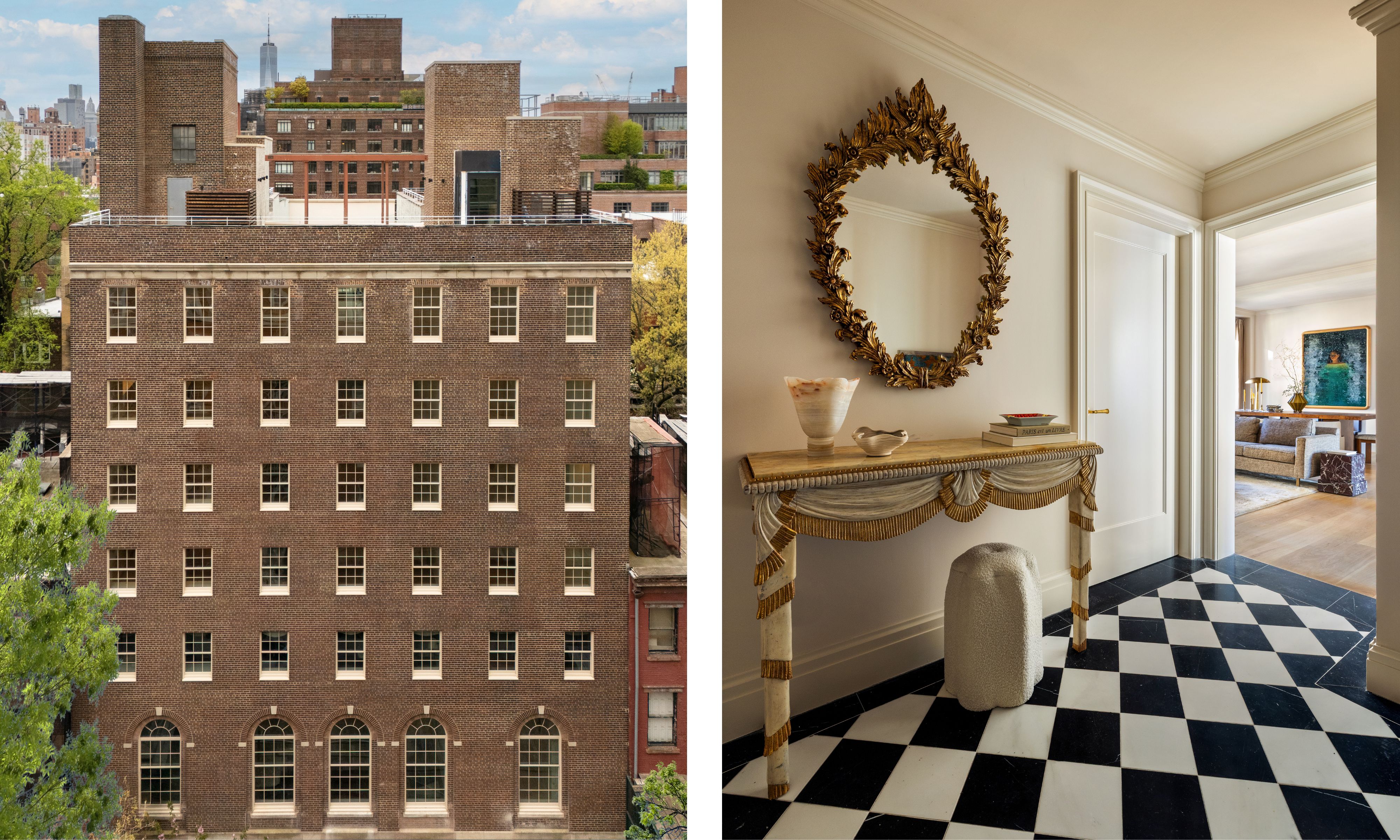 two shots next to each other. On the left, the exterior of an apartment building in Manhattan. On the right, an entryway with a black and white checkerboard floor