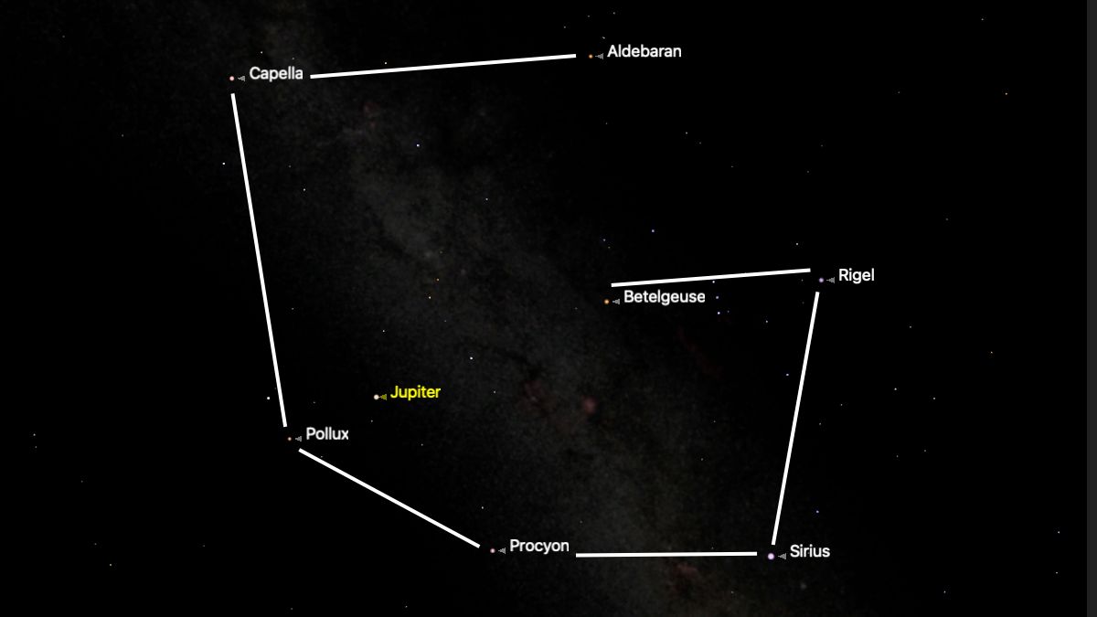 A simulation of the night sky showing the locations of bright northern hemisphere stars connected by a white line to form a 'G'.