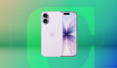 Four different iPhones against a purple gradient CNET background.