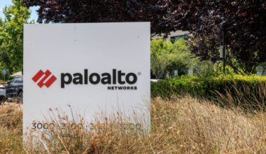 Palo Alto Networks logo amid grass in a field.